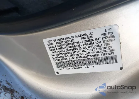 2007 Honda Odyssey Touring from USA, damaged, VIN 5FNRL38867B096030